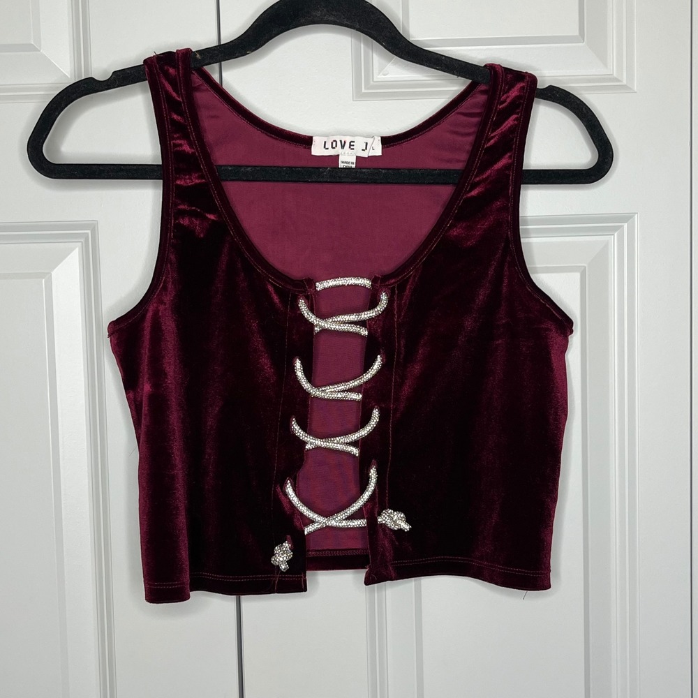 Love J Velvet Lace Up Crop Top Burgundy Sleeveless Large - Picture 3 of 9